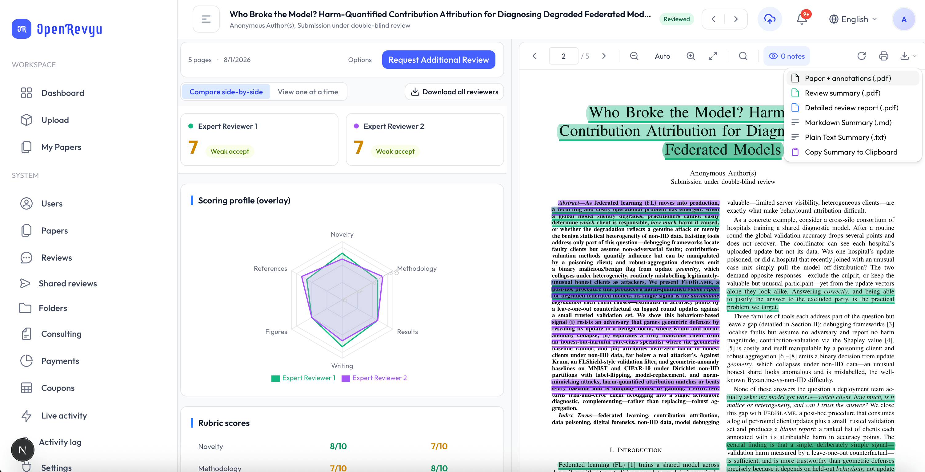 Run multiple AI reviews on the same paper — different providers or configurations reviewing in parallel, results listed together for the author to compare